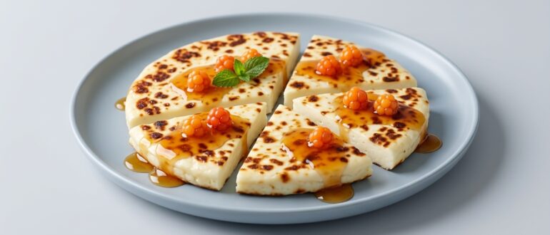 Финский хлебный сыр (Juustoleipä) с ягодами морошки и кленовым сиропом на голубой тарелке
