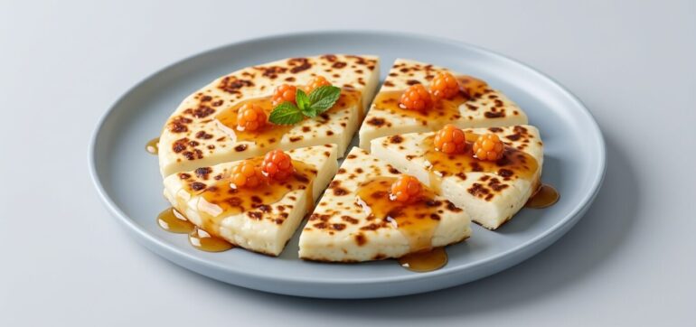 Финский хлебный сыр (Juustoleipä) с ягодами морошки и кленовым сиропом на голубой тарелке
