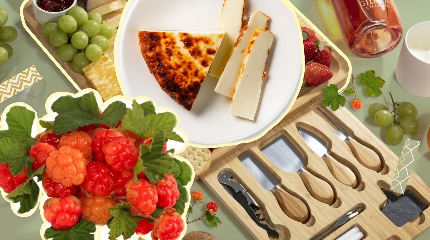 Коллаж: финский хлебный сыр (Juustoleipä) с ягодами морошки, малиной и виноградом на деревянной доске с ножами