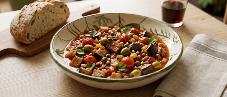 Сицилийская капоната caponata с баклажанами, оливками и каперсами в керамической миске, подана с хлебом