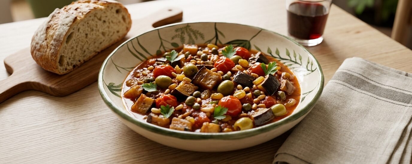 Сицилийская капоната caponata с баклажанами, оливками и каперсами в керамической миске, подана с хлебом