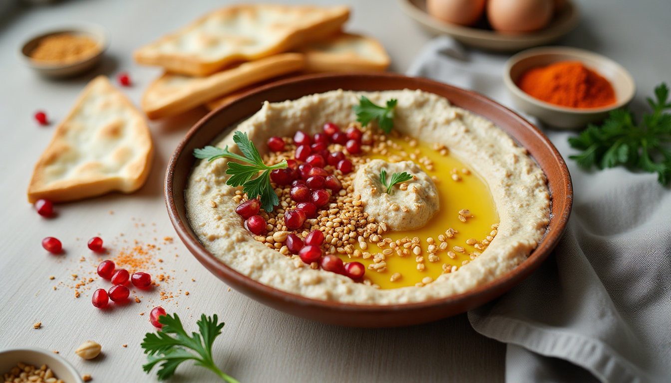 Баба гануш baba ganoush — кремовая закуска из баклажанов с тахини, гранатовыми зёрнами и питой