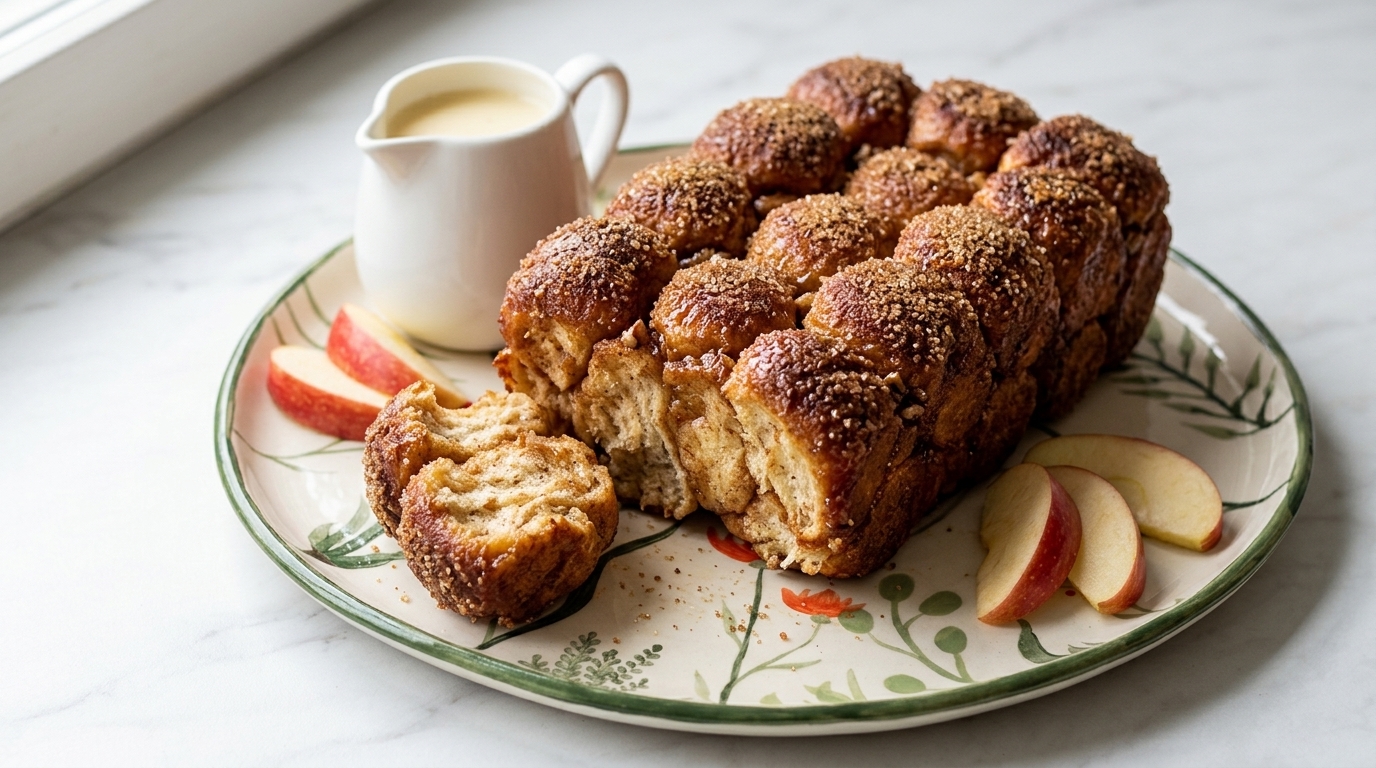 Пышный яблочный манки брэд omena-monkeybread с двумя рядами шариков, хрустящей карамельной корочкой, подан с ванильным соусом и дольками яблока на мраморном столе
