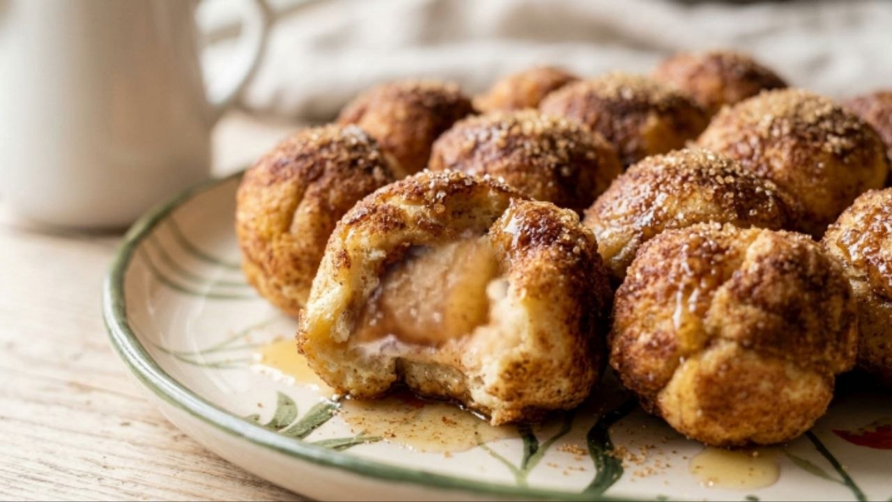 Яблочный манки брэд omena-monkeybread: разломанный шарик с начинкой из яблока, посыпанный корицей и сахаром, политый карамелью на цветной тарелке